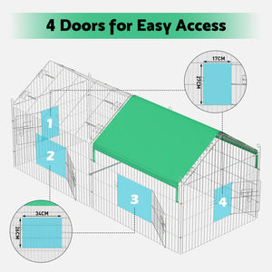 Diagram of a chicken coop with four doors labeled for easy access, featuring measurements.