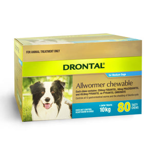 Drontal allwormer chewable packaging for medium dogs on a white background
