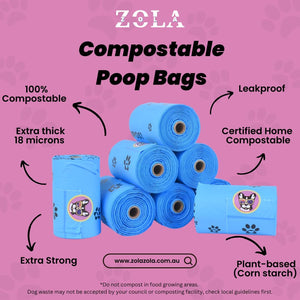 Zola compostable poop bags with features on a pink background at Pet Servo
