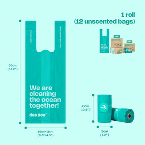 Teal ocean cleaning bags with dimensions and text on a light blue background at Pet Servo