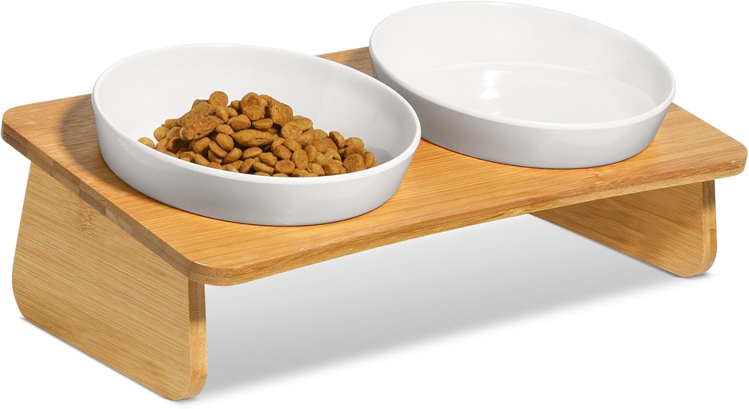 Two white bowls on a wooden stand with pet food on a white background at Pet Servo