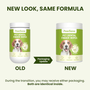 Comparison of old and new packaging for Pawsana Pet Dental Finger Wipes on a light green background at Pet Servo