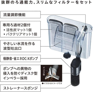 Aquarium filter with labeled components and text in Japanese at Pet Servo