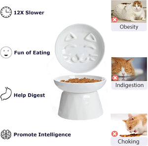 White cat-shaped pet feeder with text highlighting benefits on a white background at Pet Servo
