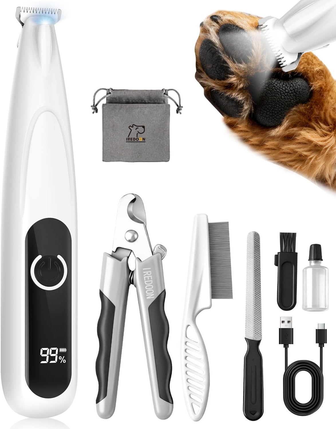 IREDOON - Dog Paw Trimmer with LED Light, 8PCS Grooming Kit for Dogs & Cats