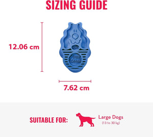 A sizing guide graphic for a blue dog chew toy. The image shows the toy centered with red measurement lines and text indicating dimensions of 12 at Pet Servo