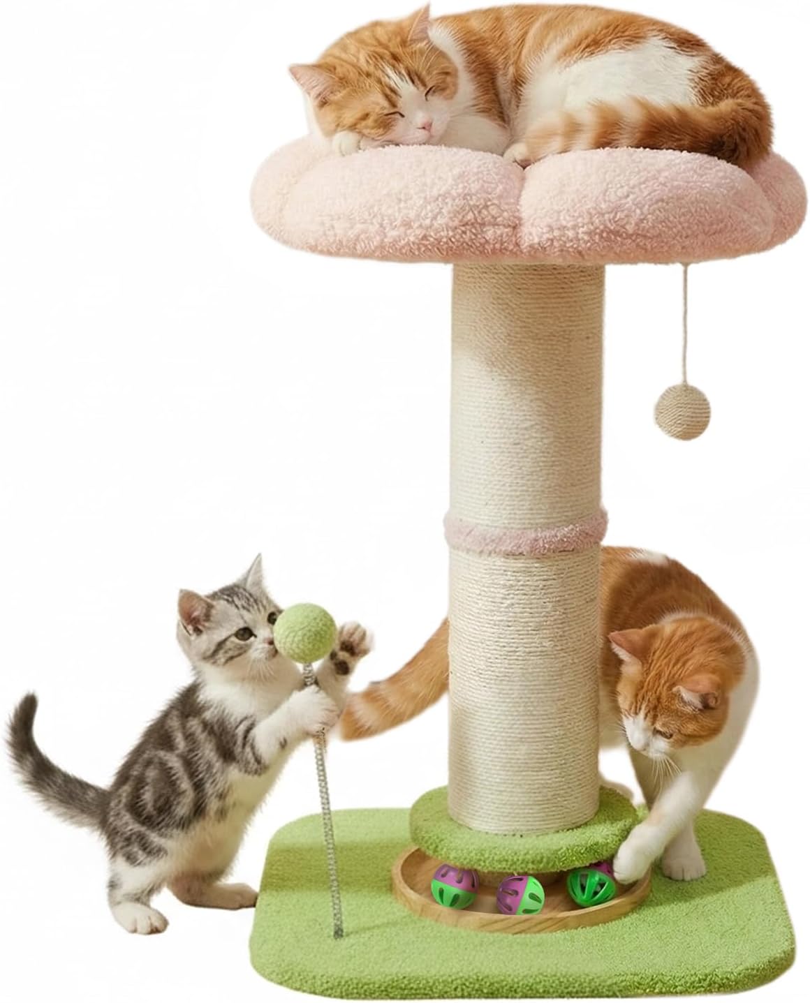 A multi-level cat tree with a scratching post, pink cushioned platforms, and a green base, shown with three cats interacting with it on a white background at Pet Servo