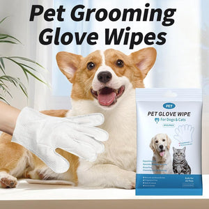 A white pet grooming glove is shown being worn on a person's hand and positioned over a brown and white corgi dog. The text 'Pet Grooming Glove Wipes' is displayed at the top, and a package of pet grooming glove wipes is shown on the right side at Pet Servo