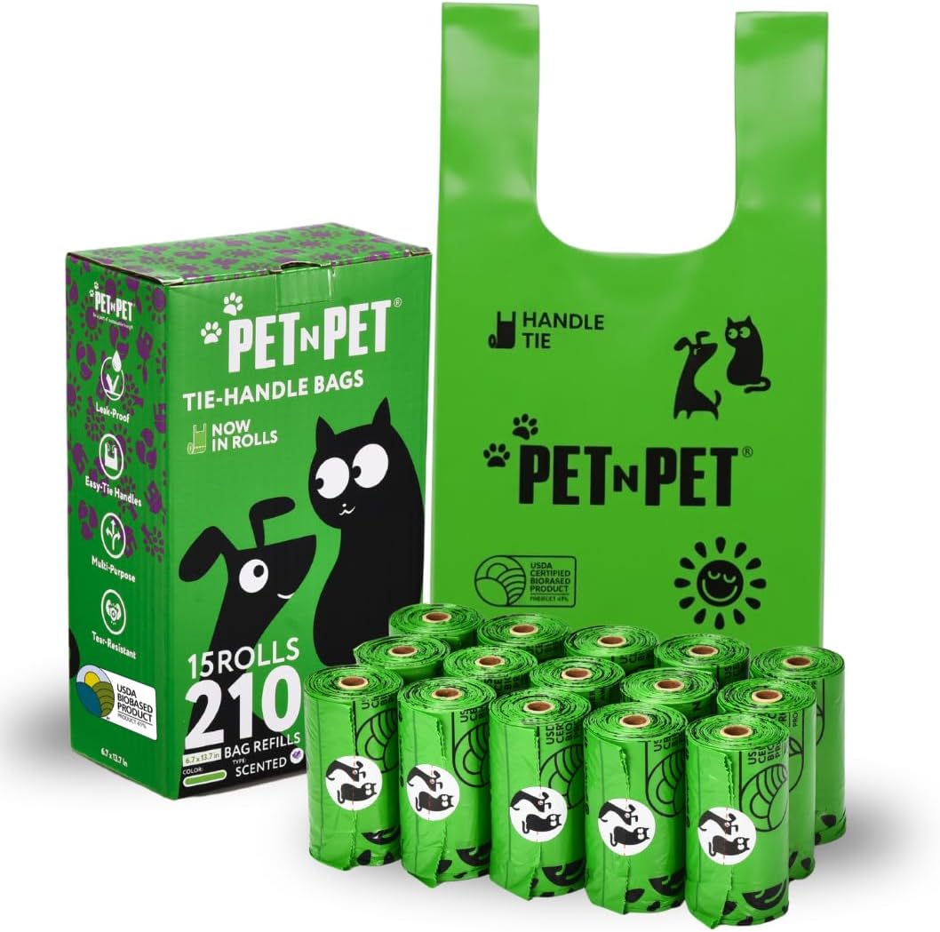 PET N PET - Dog Poop Bags with Tie Handles on Refill Rolls, Plant Based, Lavender Scented