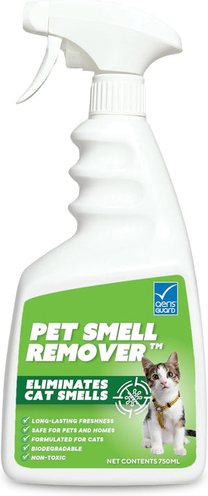 Pet smell remover spray bottle with a green label featuring a cat on it at Pet Servo