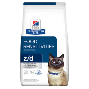 Hills Prescription Diet z/d food sensitivities cat food package with a cat on the label at Pet Servo