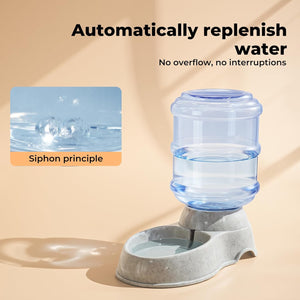 An automatic pet water dispenser with a clear water reservoir and a gray bowl, shown on a beige background with promotional text and a small inset explaining the siphon principle at Pet Servo