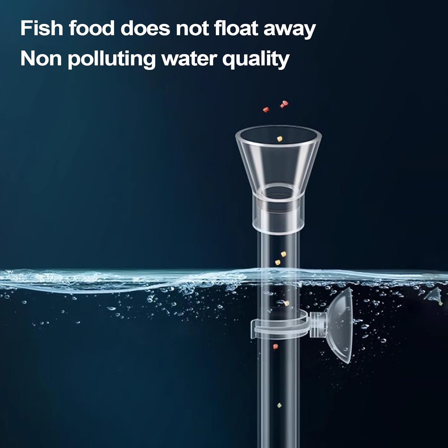 Aquarium feeder with fish food being dispensed into water, against a dark background at Pet Servo