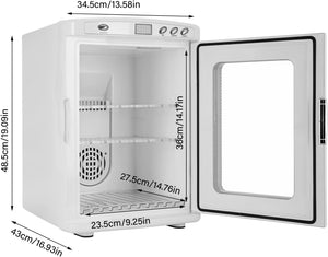 White compact countertop mini refrigerator shown with its door open, overlaid with dimension labels and measurements for width, height, and depth on a plain white background.