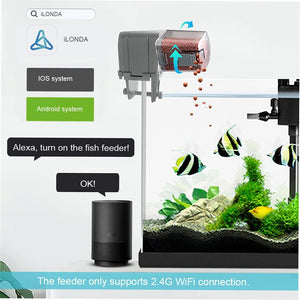 Fish feeder for aquarium with Alexa integration and text indicating support for iOS, Android, and 2.4G WiFi at Pet Servo