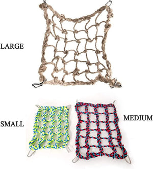 Three different sizes of rope hammocks labeled 'Large', 'Small', and 'Medium' on a white background at Pet Servo