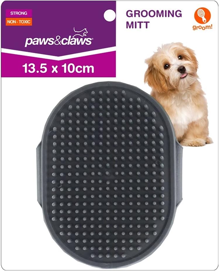 Paws & Claws - Pet Dog Grooming Rubber Mitt 13.5cm Bath Hair Comb Groom Brush Grey