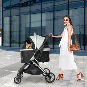 Woman pushing a pet stroller with a dog inside, standing in front of a modern building at Pet Servo