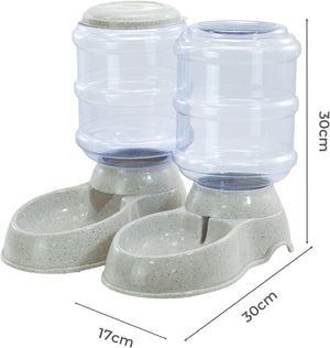 Two pet water fountains with clear plastic water tanks and light gray speckled bases, shown with dimension lines indicating 30cm height, 30cm width, and 17cm depth on a white background at Pet Servo