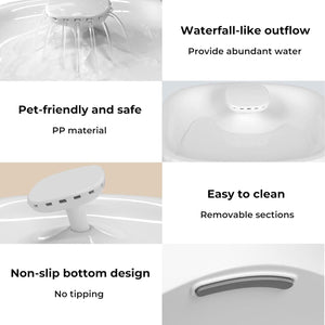 A six-panel feature graphic for a pet water fountain, showing close-up views of the product and text callouts: waterfall-like outflow, pet-friendly and safe, easy to clean, and non-slip bottom design at Pet Servo