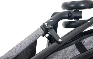 Close-up of a stroller frame with a black metal handlebar, black wheels, and a gray textured fabric canopy on a white background at Pet Servo
