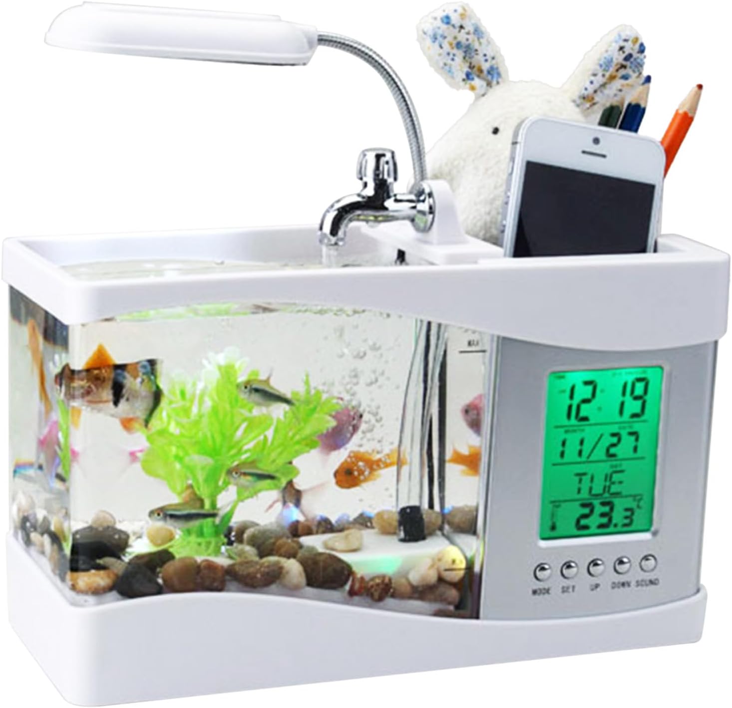 Desk organizer with aquarium, digital clock, and stationery items on a white background at Pet Servo