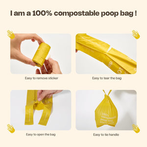 Compostable poop bag with features highlighted on a beige background at Pet Servo