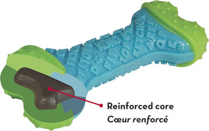 Dog toy with a reinforced core, showing blue and green colors on a white background at Pet Servo
