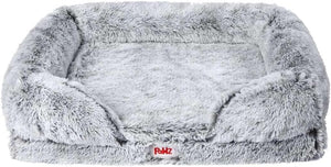 Fluffy gray pet bed with 'FurH' branding on a white background at Pet Servo