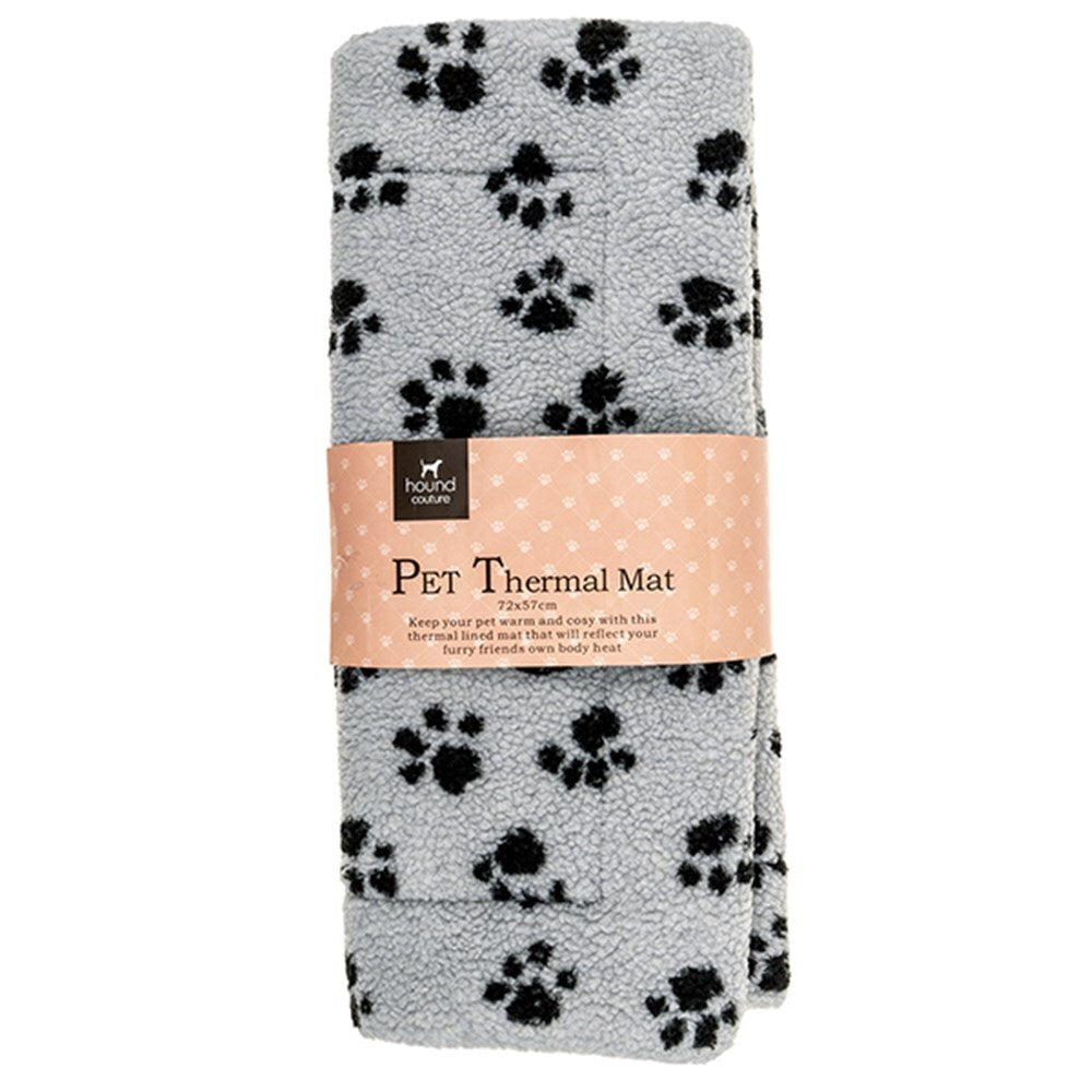 Gray pet thermal mat with black paw prints and packaging on a white background at Pet Servo
