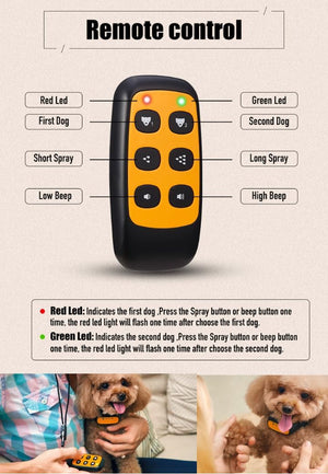 Remote control for dog training with labeled buttons and usage instructions at Pet Servo
