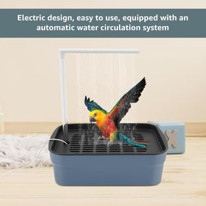 Pet water dish with automatic water circulation system for birds, featuring a colorful parrot illustration at Pet Servo