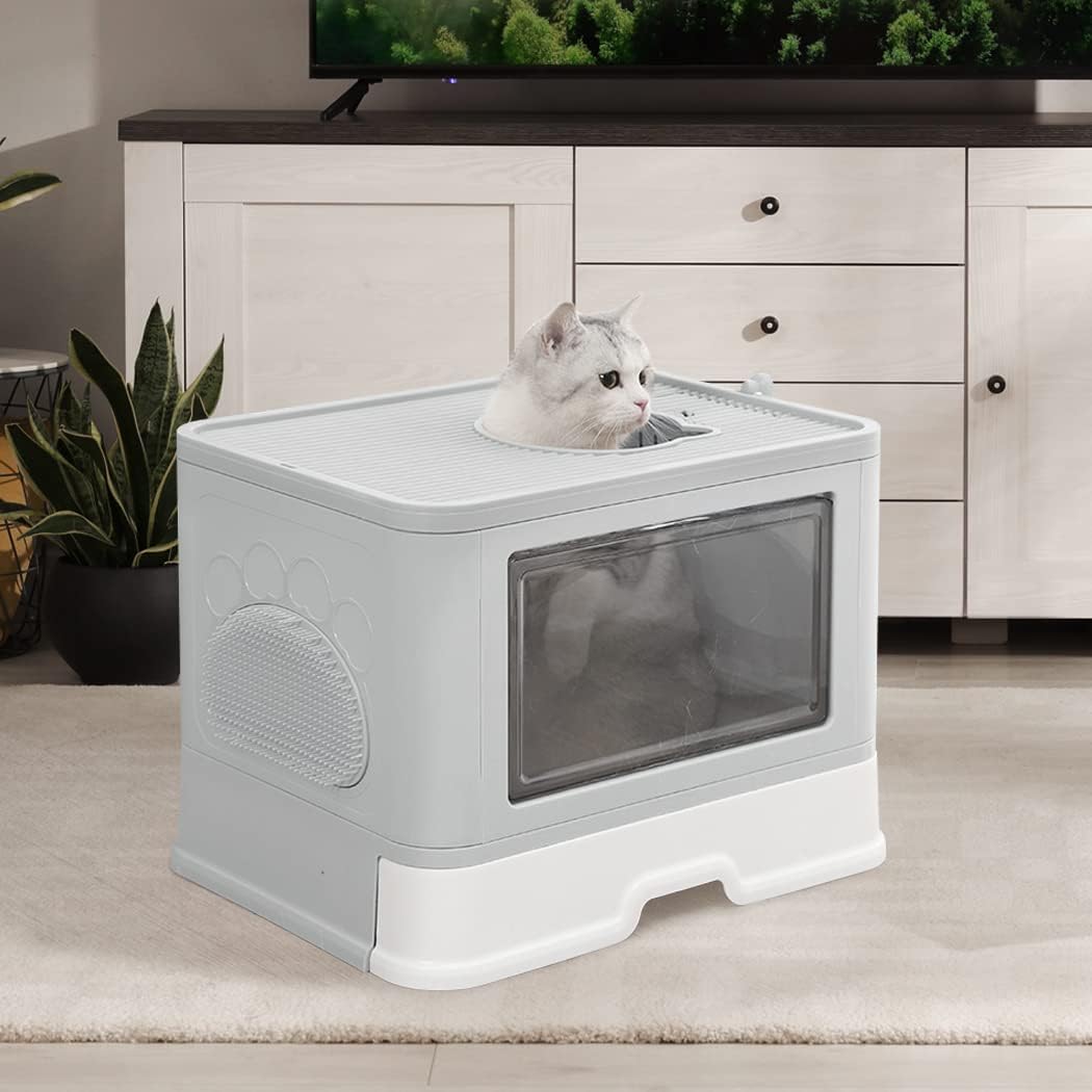 PaWz - Foldable Cat Litter Box Tray Enclosed Kitty Toilet Hood Hair with Separate Entry and Exit Door at Pet Servo