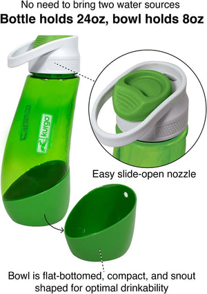 Green water bottle with detachable bowl and easy-open nozzle on a white background at Pet Servo
