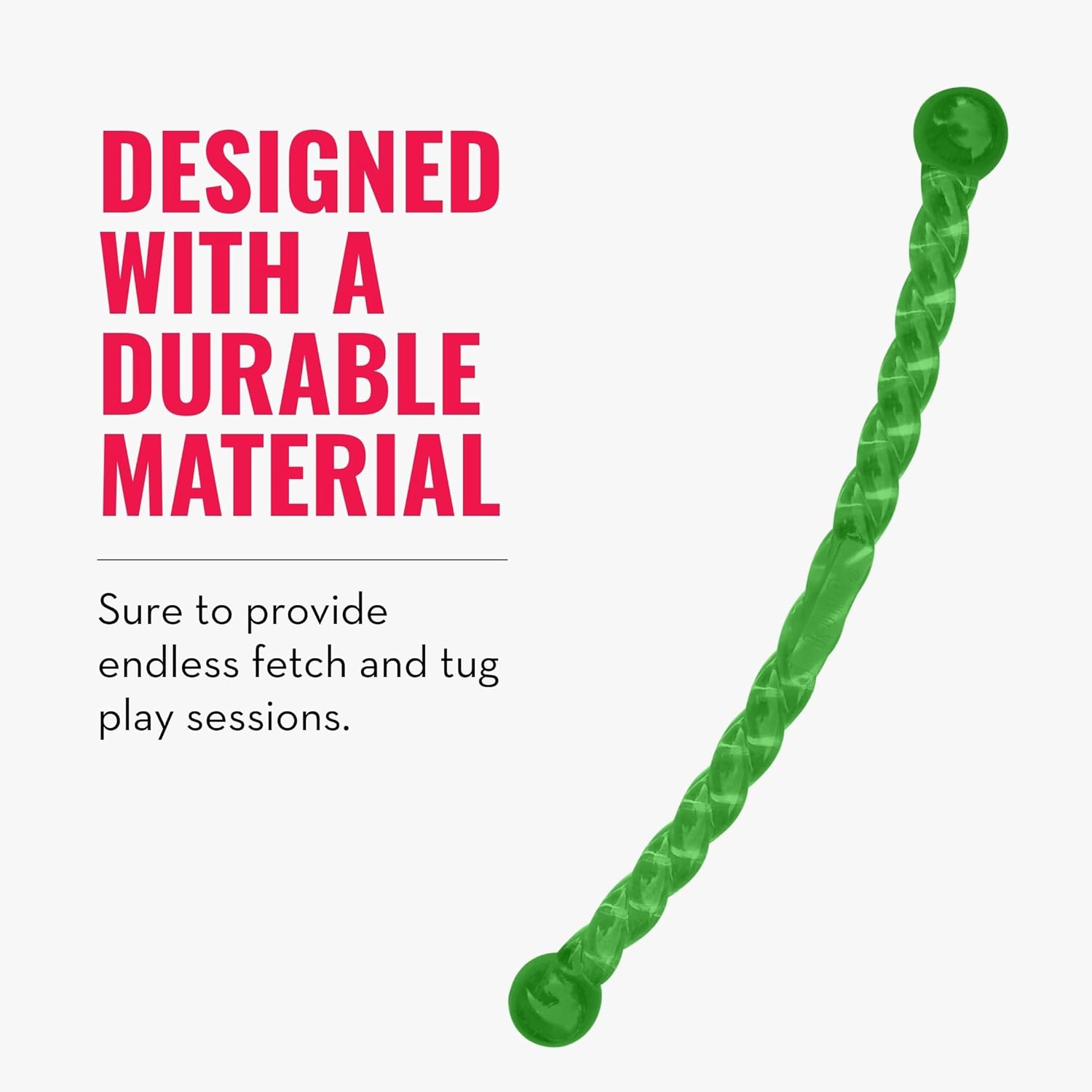 Green dog toy with text about durability on a white background at Pet Servo