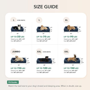 Size guide for dog beds with illustrations of dogs and dimensions on a beige background at Pet Servo
