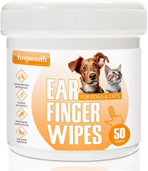 Kopmath ear finger wipes for dogs and cats with a dog and cat on the label at Pet Servo