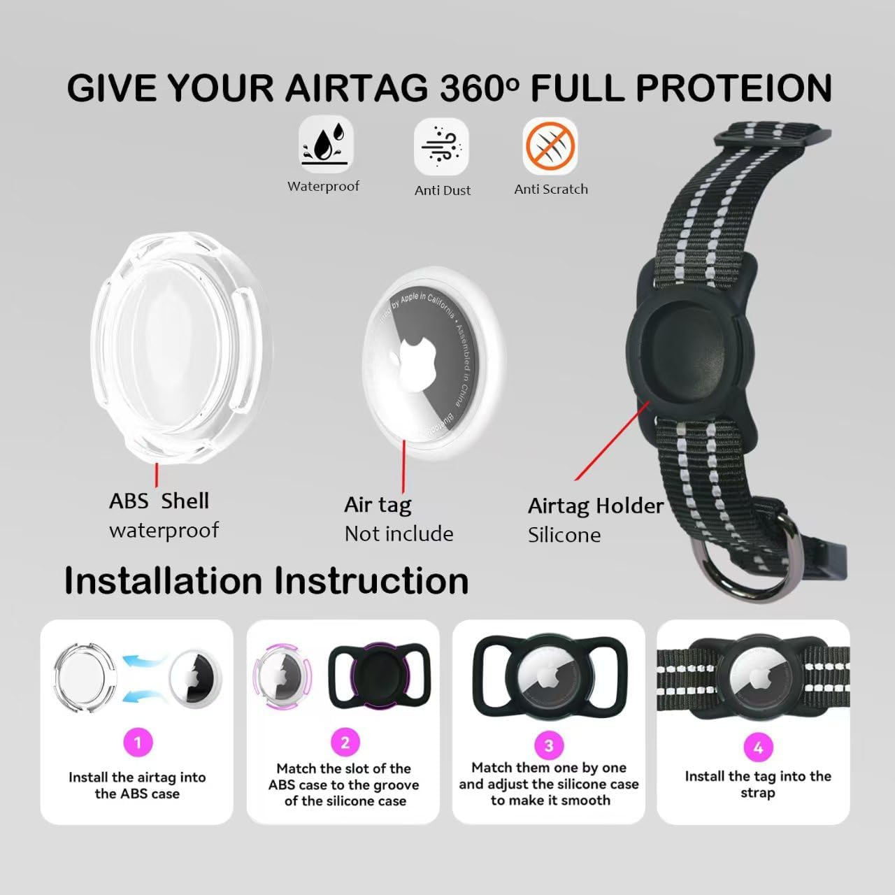 DOKITAG - Reflective Dog Collar with Apple AirTag Holder & QR Code Pet ID Tag