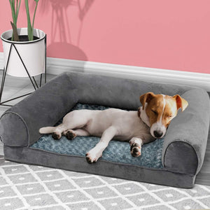 Dog resting on a gray pet bed with a pink wall and plant in the background at Pet Servo
