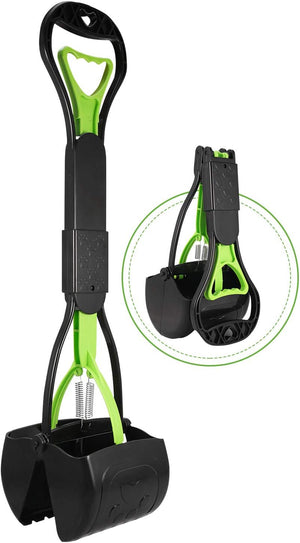 Black and green pet waste picker with a close-up inset on a white background at Pet Servo