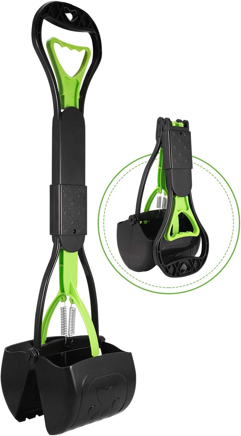 Black and green pet waste picker with a close-up inset on a white background at Pet Servo