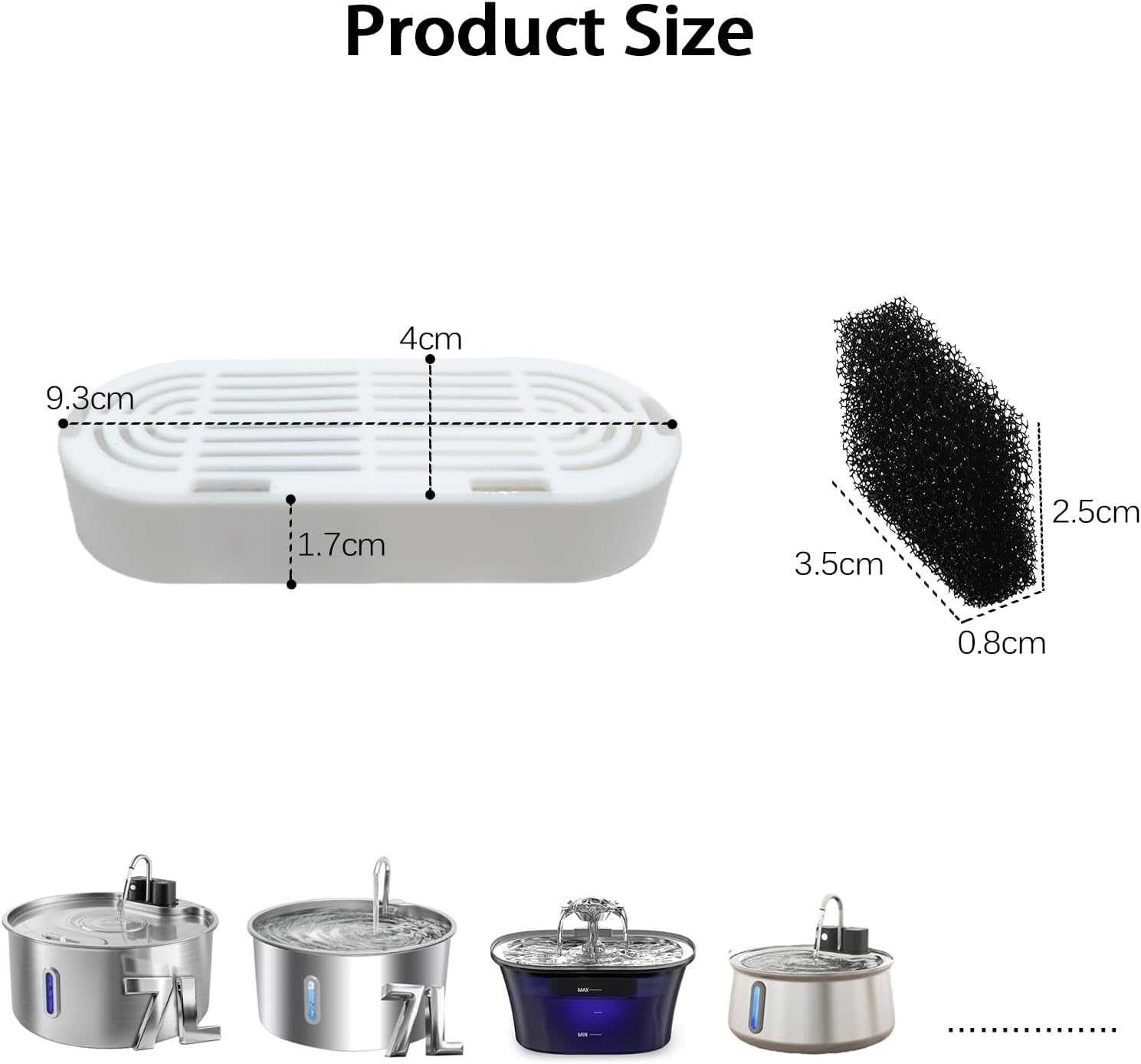 Product size measurement chart with dimensions and scale comparison of a white container and black sponge at Pet Servo