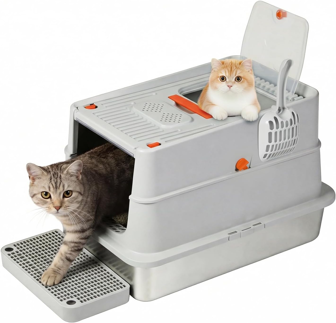 Pawz - XL Stainless Steel Cat Litter Box with Lid, Anti-Leakage Hooded Metal Litter Pan (Grey) at Pet Servo