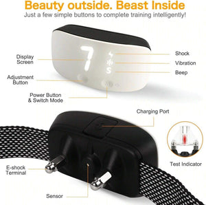 Dog training collar with labeled components on a white background at Pet Servo