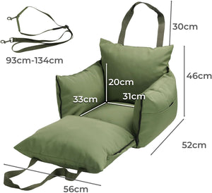 Green cushion with straps and dimensions labeled on a white background at Pet Servo