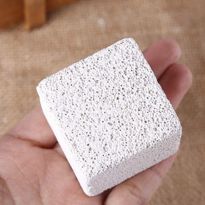 Square-shaped pumice stone held in a hand against a brown background at Pet Servo