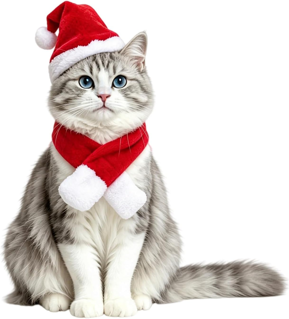 A fluffy gray-and-white cat wearing a red Santa hat with white trim and a matching red scarf with white pom-poms, posed against a plain white background at Pet Servo