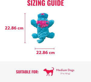 Sizing guide for a small blue plush dog toy with pink accents, showing dimensions of 22.86 cm in height and width, plus suitability text for medium dogs at Pet Servo