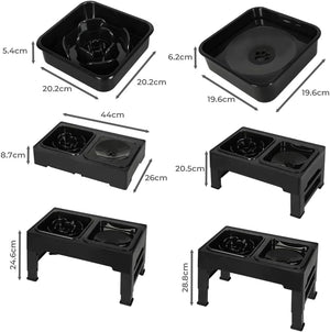Black pet water fountain and double bowls shown with dimension arrows and measurements on a white background at Pet Servo
