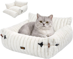 Cat lying on a white pet bed with plush texture at Pet Servo